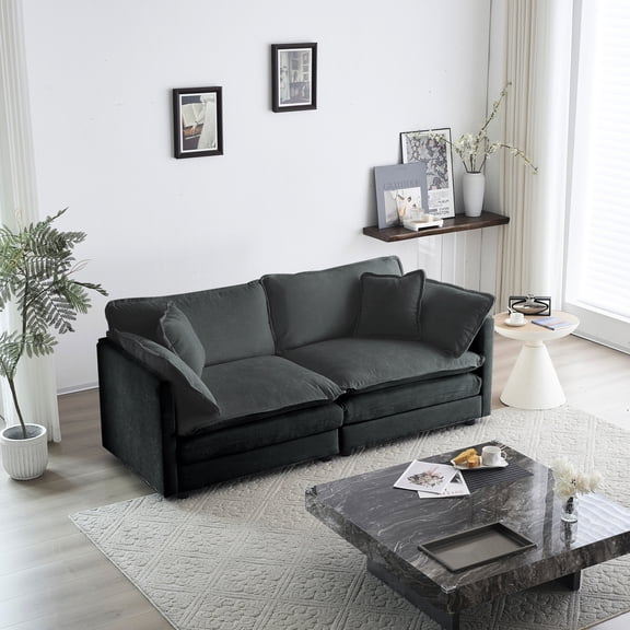 2 Living Room In Gray Chenille - 4 Pillows, Wood Structure, Breathable Fabric For 2 Seats, Solid Construction,