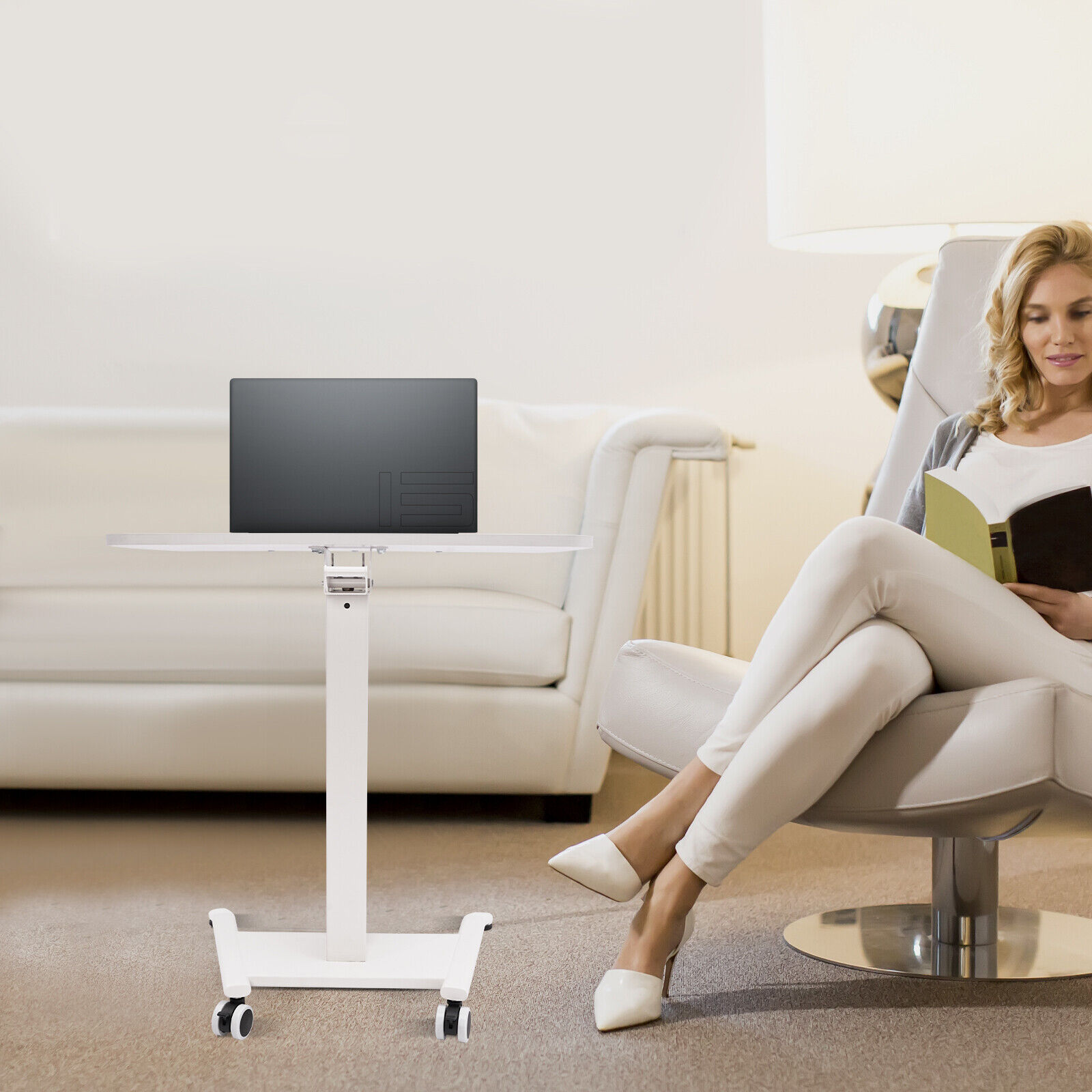 2 Lockable Wheels Adjustable Rolling Desk, White Adjustable Podium Desk, 25.5*17in Standing Lifting Desk