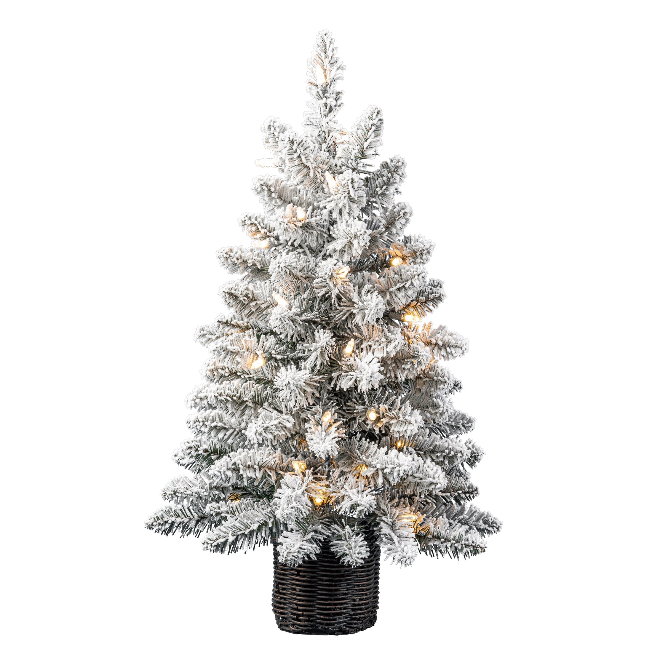 2' Small Pre-Lit Cooper Spruce Snow-Flocked Green Artificial Christmas Tree with 35 Warm White LED Lights in Woven Basket, by Holiday Time