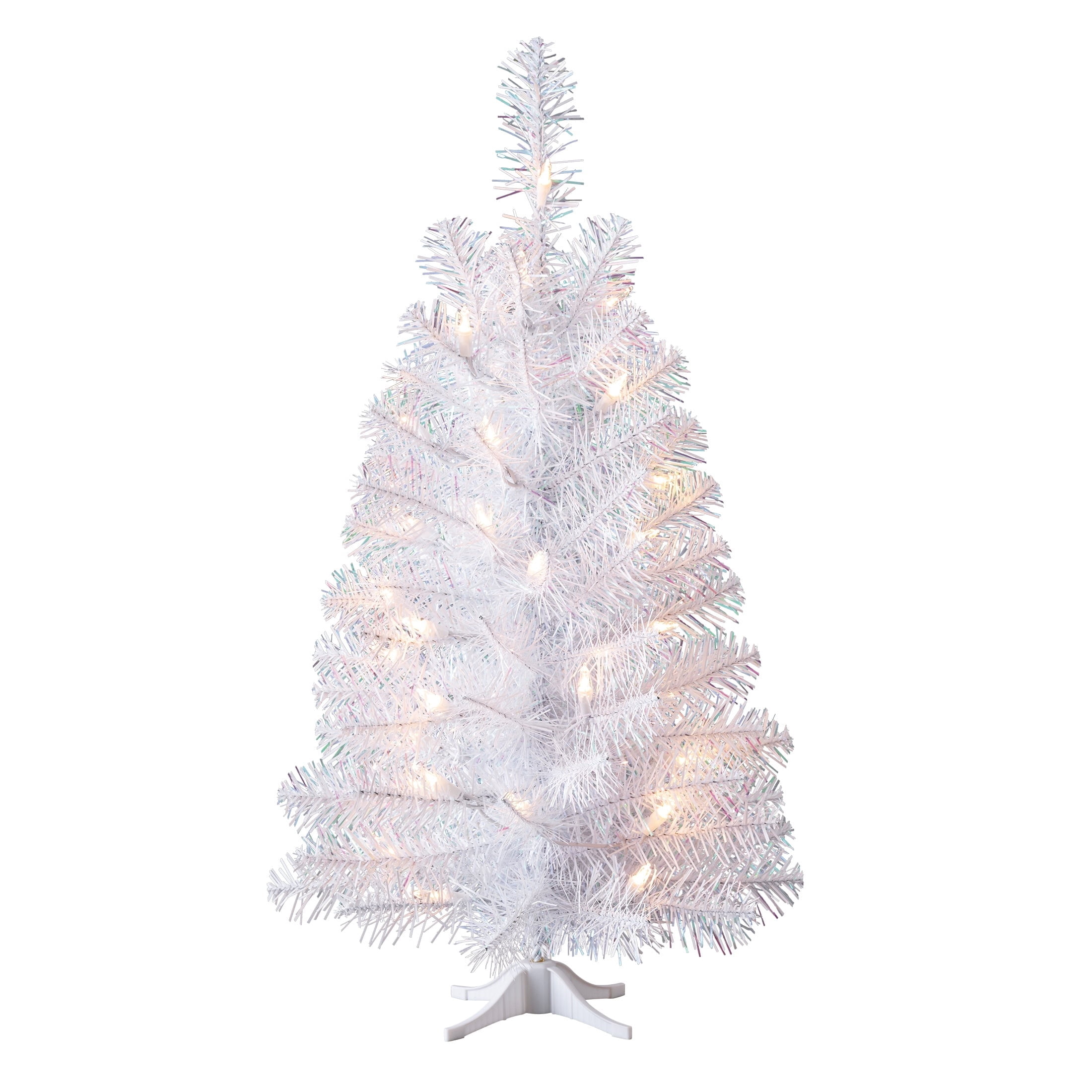2' Small Pre-Lit Noble Spruce Iridescent White Artificial Christmas Tree with 35 Warm White LED Lights and Stand, by Holiday Time
