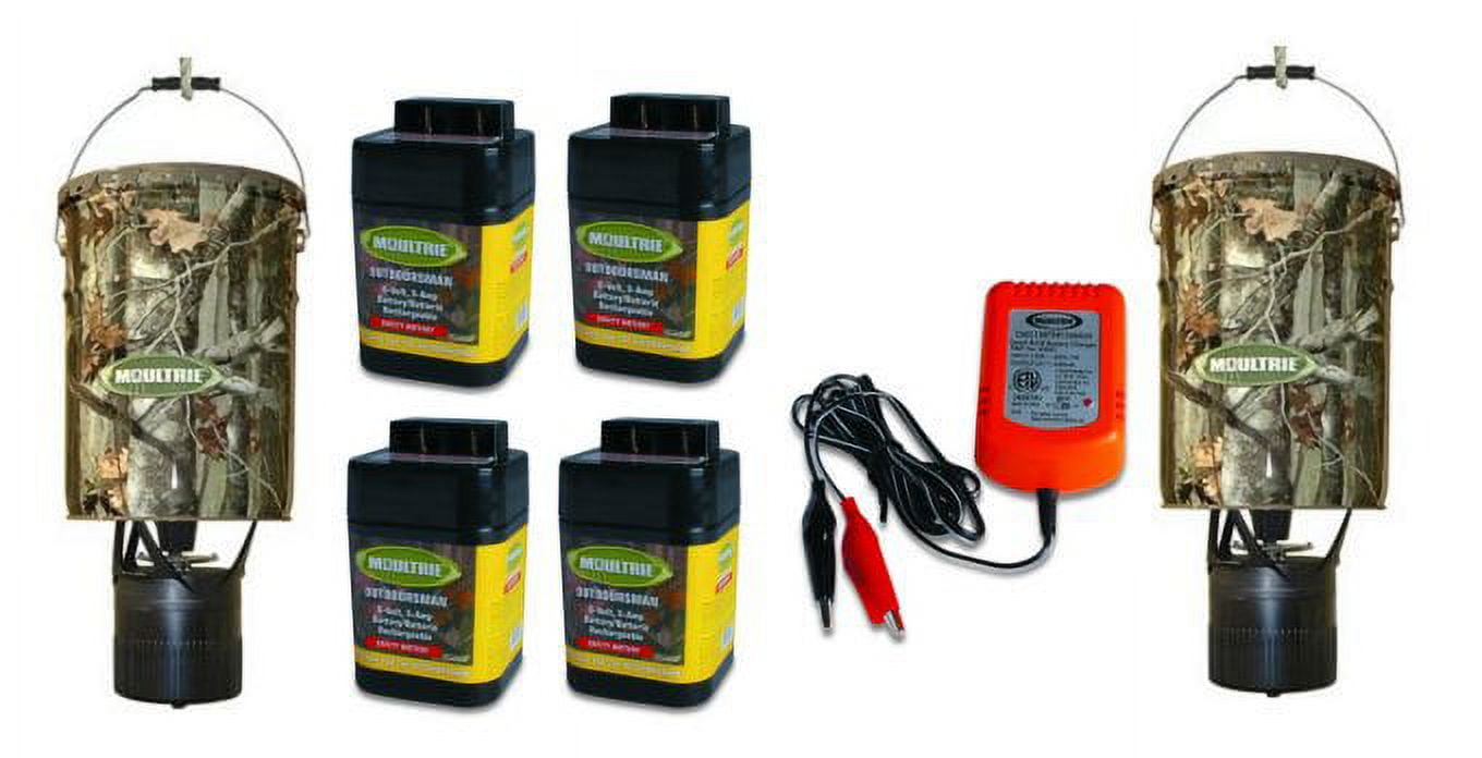 2 MOULTRIE 6.5 Gallon Econo Plus Hanging Deer Feeders + 4 6V Batteries