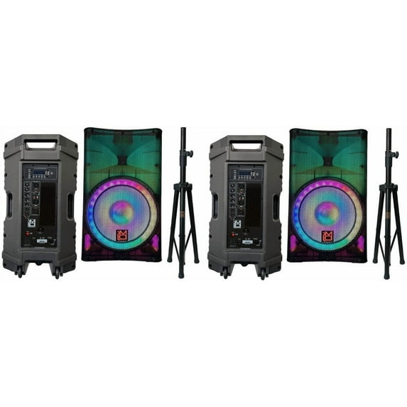 2 MR DJ PLED5200 PRO PA DJ 15" Portable Active Bluetooth/MP3/FM Radio Speaker + Speaker Stand