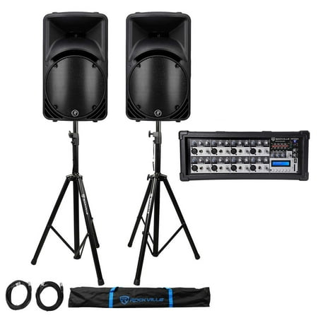 (2) Mackie C300Z 12" 600 Watt RMS PA DJ Speakers+Powered Mixer Amp+Stands+Cables