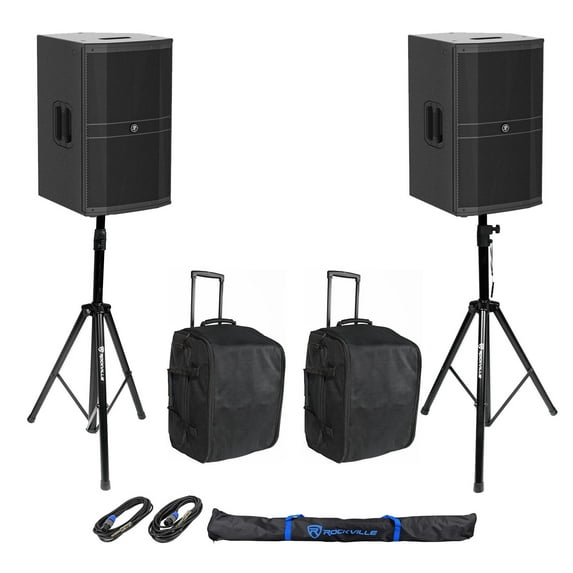 (2) Mackie DRM212-P 12" 1600w DJ PA Speakers+Rolling Carry Bags+Stands+Cables