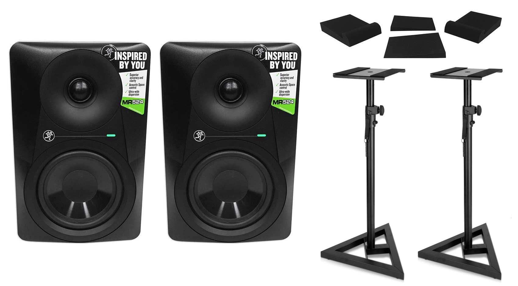 2) Mackie MR524 5” 50 Watt Powered Studio Monitor Speakers+Stands+Isolation Pads