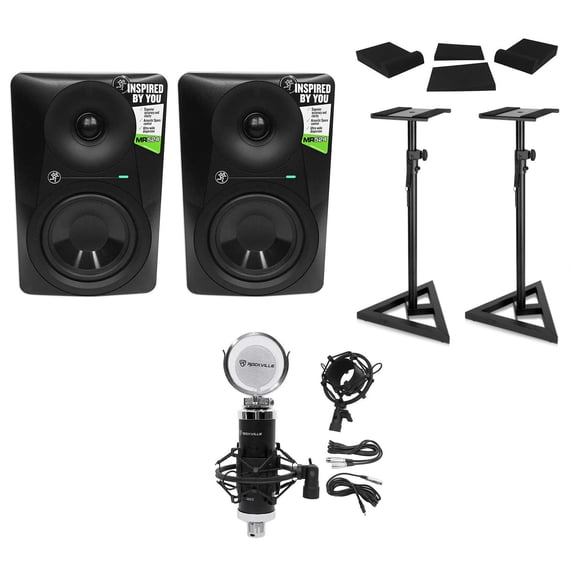 (2) Mackie MR524 5 50 Watt Powered Studio Monitors+Condenser Mic+Stands+Pads