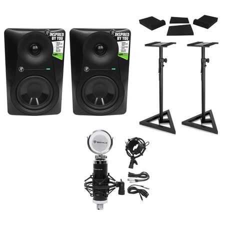 Mackie MR524 Bundle: (2) 5 in 50-Watt Powered Studio Monitors, RVSM1 Stands, RRS190S Pads, RCM03 Microphone, for Studio Recording, 5-items