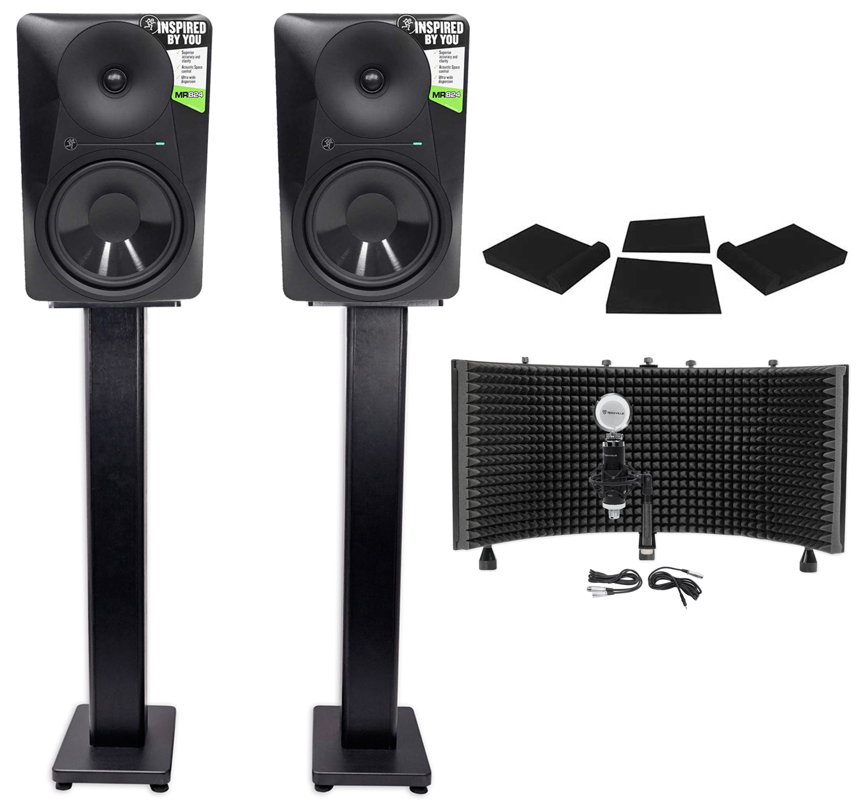 2 Mackie MR824 8” 85w Powered Studio Monitors+Condenser Mic+Stands+Pads+Shield