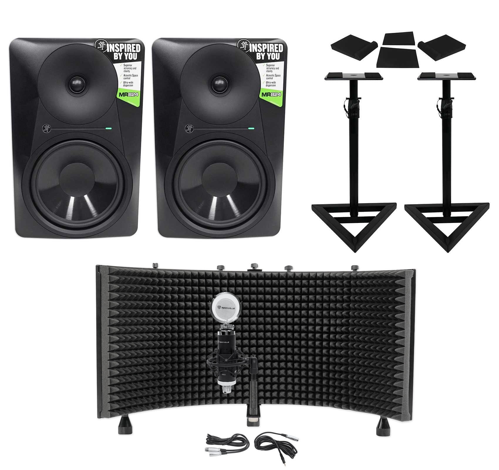 2) Mackie MR824 8” 85w Powered Studio Monitors+Condenser Mic+Stands+Pads+Shield