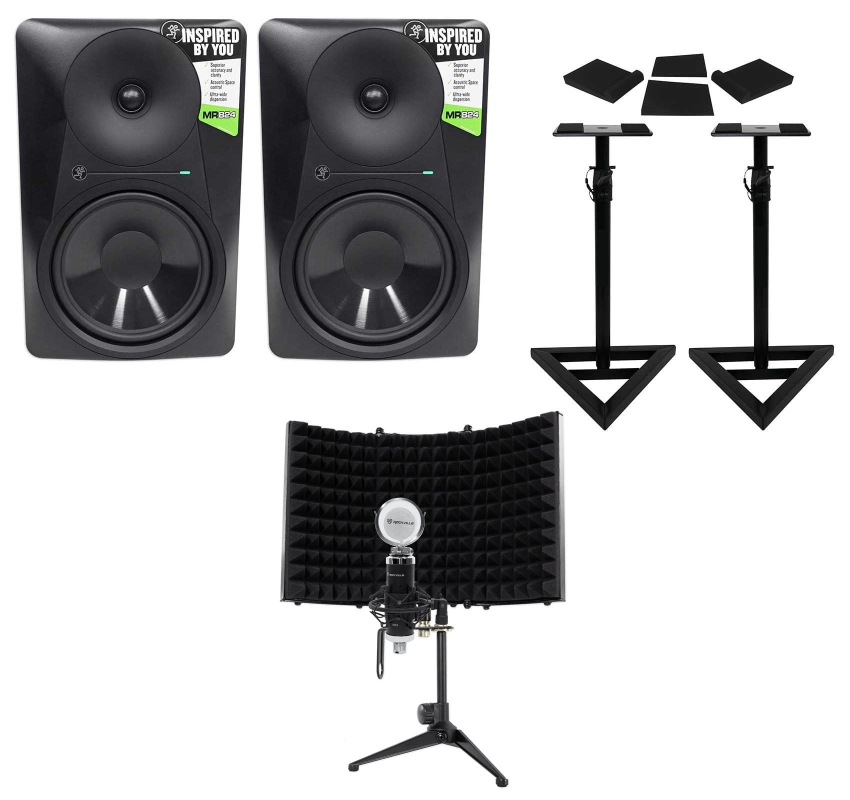 (2) Mackie MR824 8” 85w Powered Studio Monitors+Condenser Mic+Stands+Pads+Shield