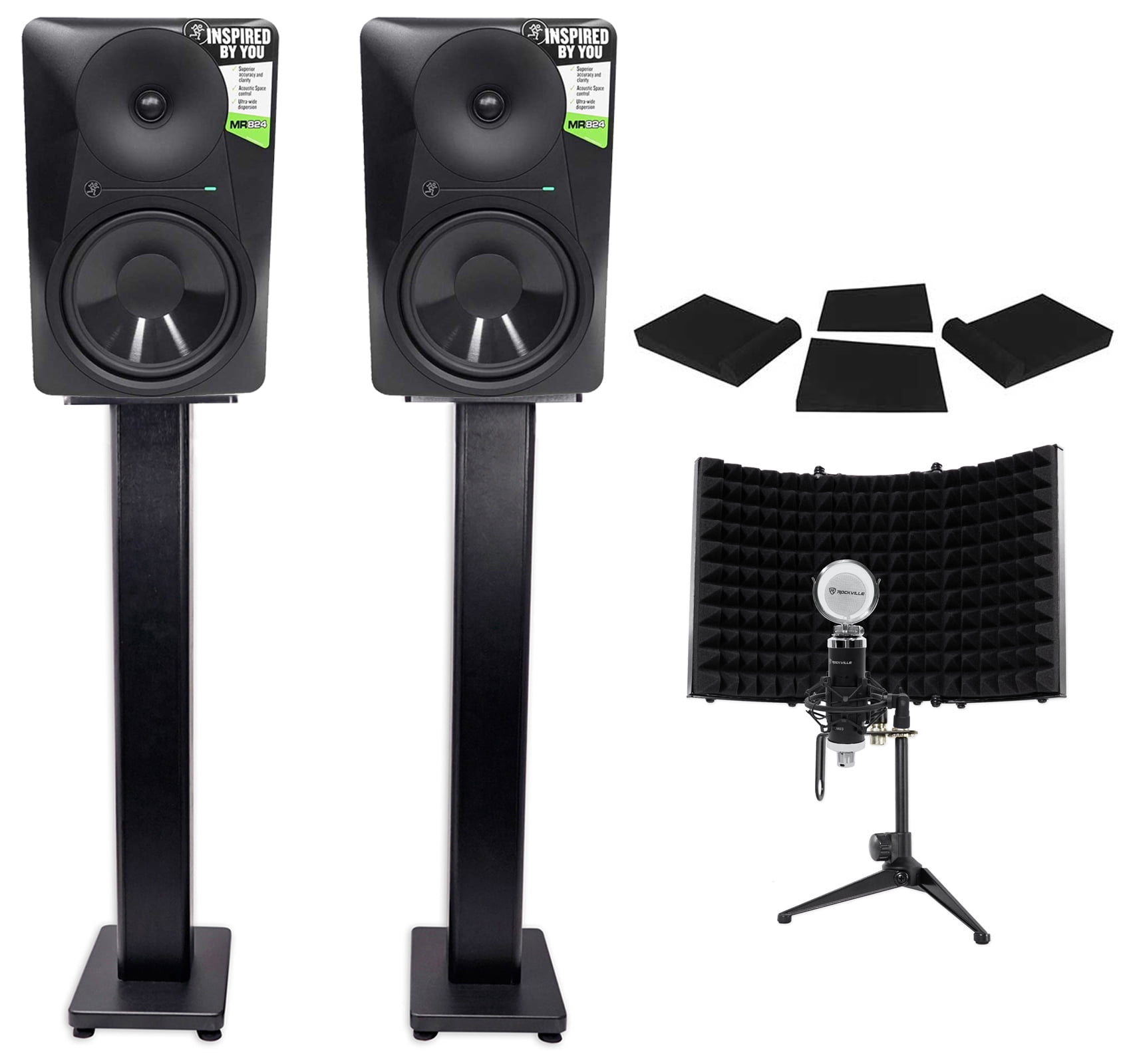 2 Mackie MR824 8” 85w Powered Studio Monitors+Condenser Mic+Stands+Pads+Shield