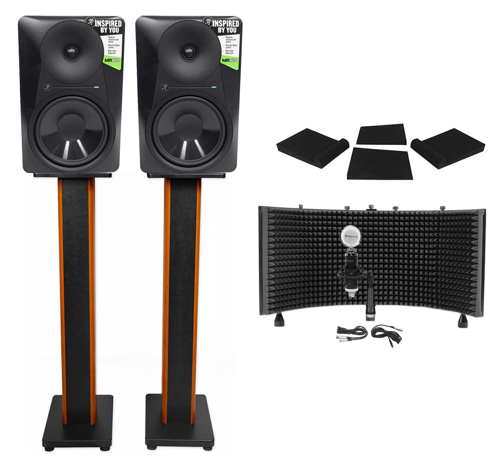 2 Mackie MR824 8” 85w Studio Monitors+Condenser Mic+36" Stands+Pads+Shield