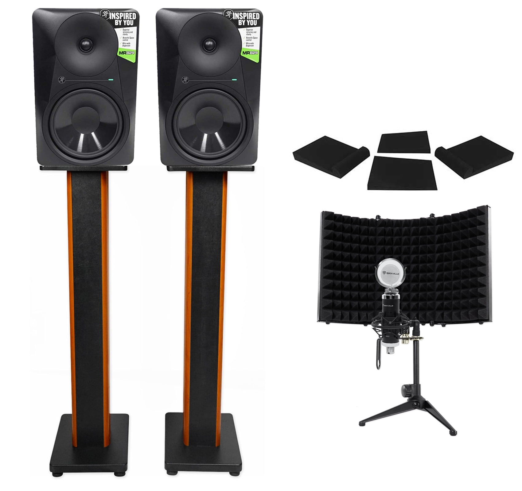 2) Mackie MR824 8” 85w Studio Monitors+Condenser Mic+36" Stands+Pads+Shield