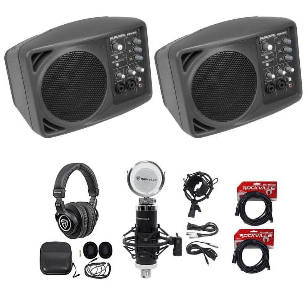 (2) Mackie SRM150 Powered PA Monitor Speakers+Headphones+Studio Mic+XLR Cables