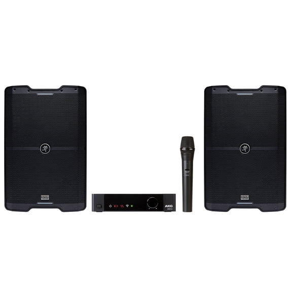 (2) Mackie SRM210 V-Class 10 2000w PA DJ Speakers w/Bluetooth+AKG Wireless Mic