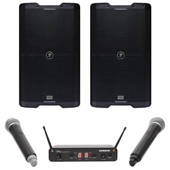 2) Mackie SRM212 V-Class 12” 2000w Bluetooth PA DJ Speakers+Wireless Samson Mics