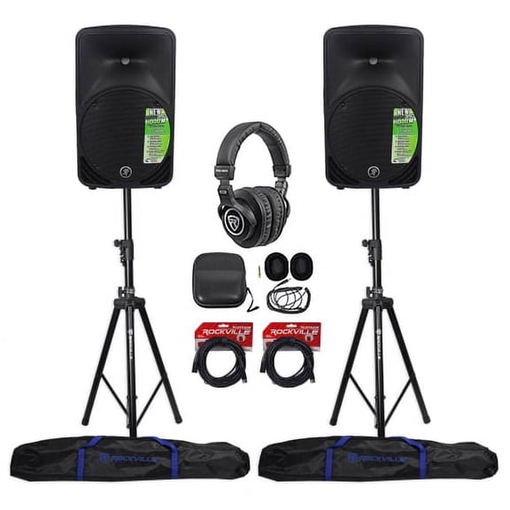 2) Mackie SRM350V3 1000w 10 Powered PA Speakers+(2) Hydraulic Stands+Headphones