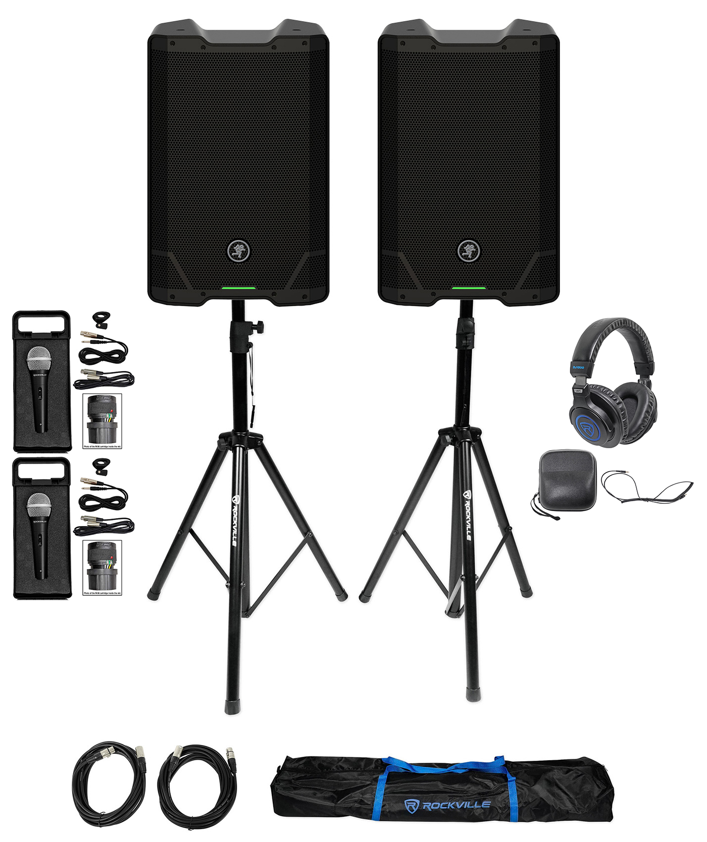 (2) Mackie SRT210 10” Powered DJ PA Speakers w/Bluetooth+Stands+Headphones+Mics - image 1 of 19