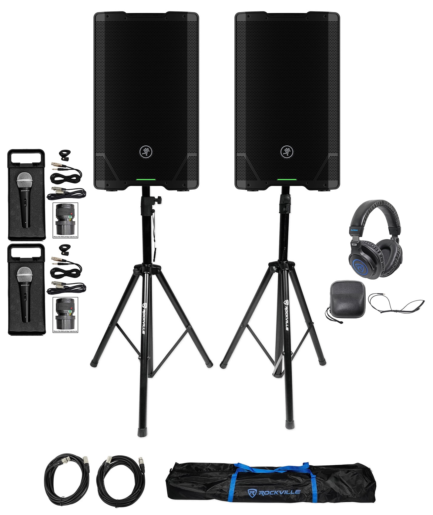 (2) Mackie SRT212 12” Powered DJ PA Speakers w/Bluetooth+Stands+Headphones+Mics
