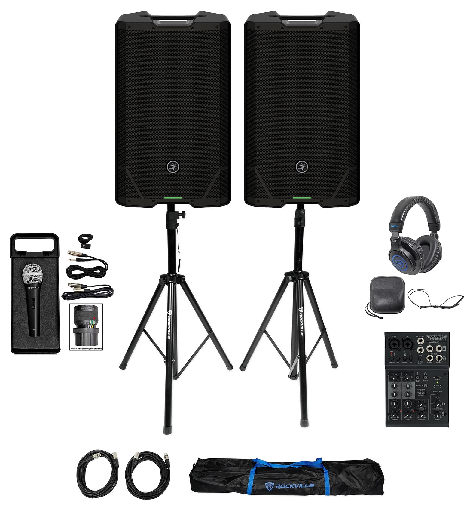 (2) Mackie SRT215 15” DJ PA Speakers w/Bluetooth+Mixer+Stands+Headphones+Mic