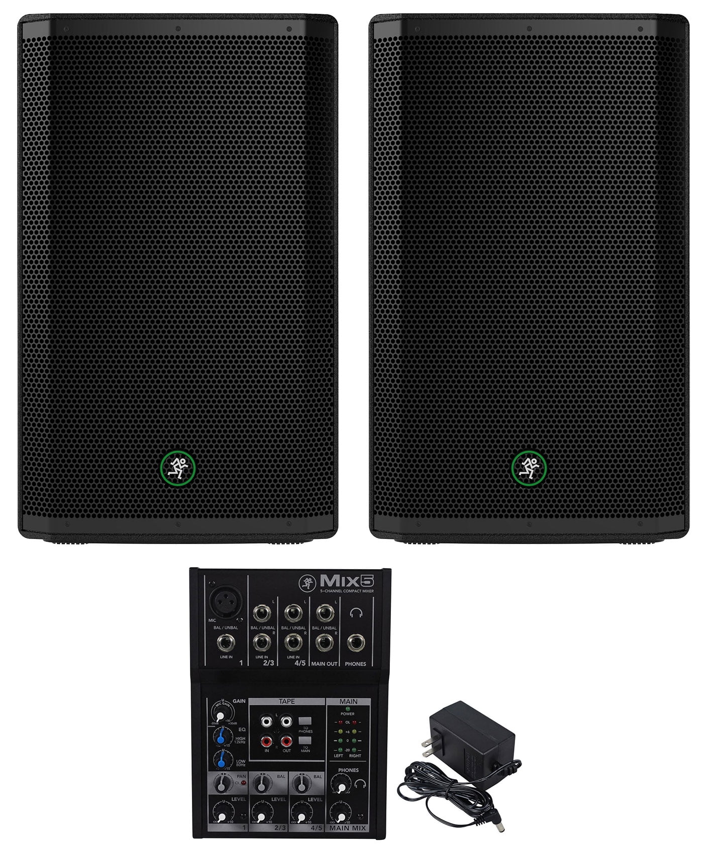 (2) Mackie Thrash215 15" 1300 Watt Powered Active DJ PA Speakers + Mix5 Mixer