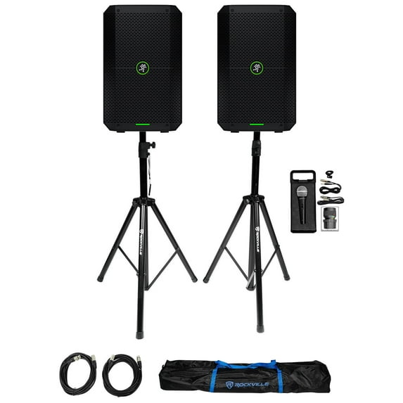 2 Mackie Thump GO 8" Portable Rechargeable DJ PA Speakers w/Bluetooth+Stands+Mic