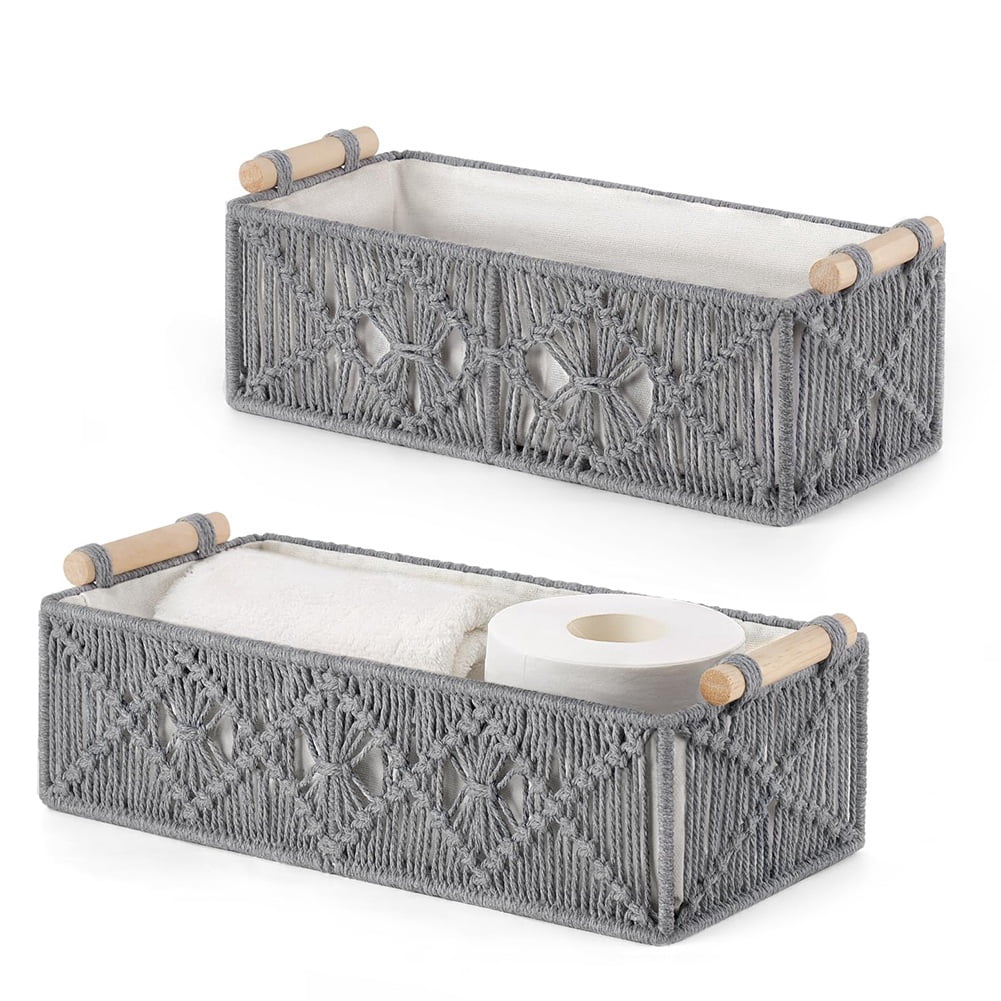 Grey Woven Decorative Storage Baskets Set of 2 for Home Organization