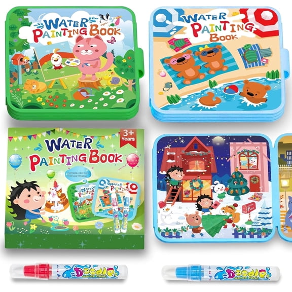 Elfew Magic Water Painting Book Set for Kids – 2 Water Painting Books, 2 Water Pens, Reusable Color-Changing Art, No Ink Needed
