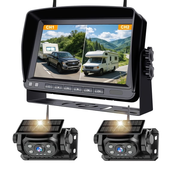 2 Magnetic Solar Wireless Backup Camera with 7'' HD 1080P DVR Monitor System, 9600mAh Rechargeable Dual Reverse Camera for Hitch Towing Car Trailer Truck