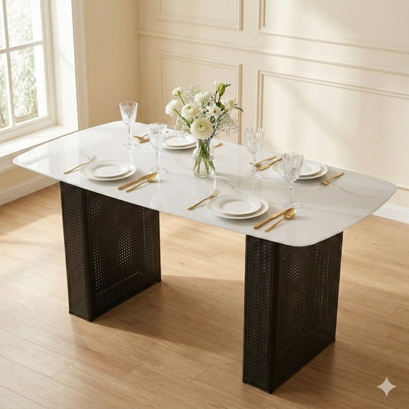 2. Marble-Patterned Rectangular Tempered Glass Dining Table, Modern Design with Gold Dual-Pedestal Metal Base for Home,Black