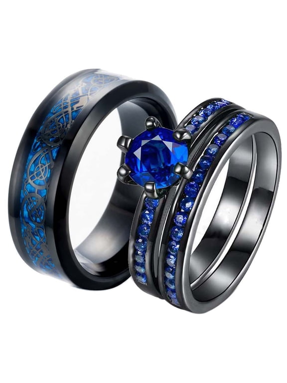 2 Matching Rings Couple Ring Black Gold Plated 1CT Blue CZ Women Wedding Ring Sets Female