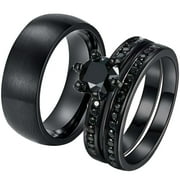 2 Matching Rings Couple Ring Black Gold Plated 1CT CZ Women Wedding Ring Sets Men Ring