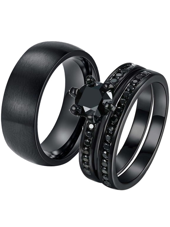 2 Matching Rings Couple Ring Black Gold Plated 1CT CZ Women Wedding Ring Sets Men Ring