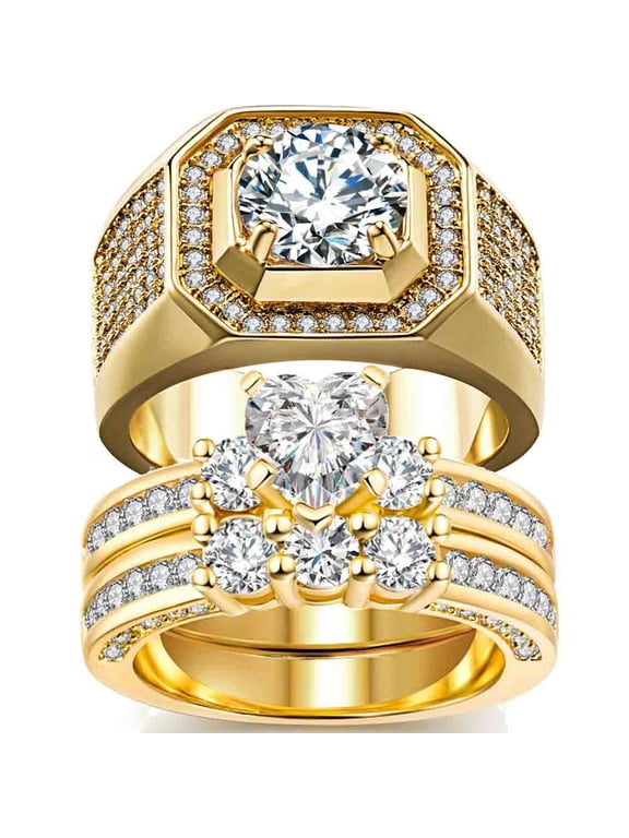 2 Matching Rings Couple Ring Yellow Gold Plated Heart 1CT CZ Women Wedding Ring Sets Female