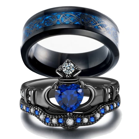 ringheart 2 Matching Rings His and Hers Ring Couple Rings Heart CZ Wedding Ring Sets for Him and Her Womens Claddagh Ring Sets Men Wedding Band