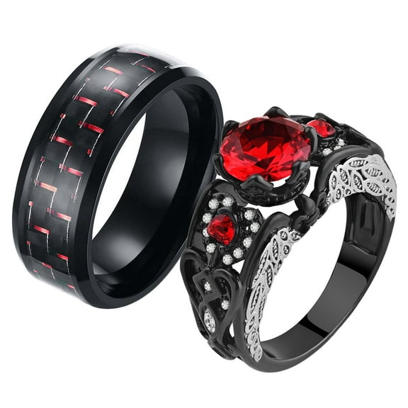 2 Matching Rings His and Hers Ring Couple Rings Wedding Ring for him and Her Womens Ring Men Ring Black Rings