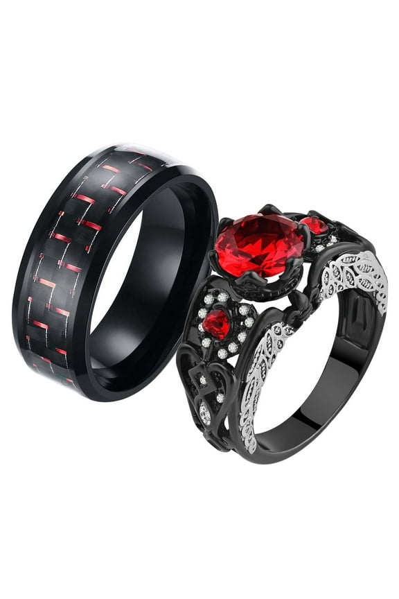 2 Matching Rings His and Hers Ring Couple Rings Wedding Ring for him and Her Womens Ring Men Ring Black Rings