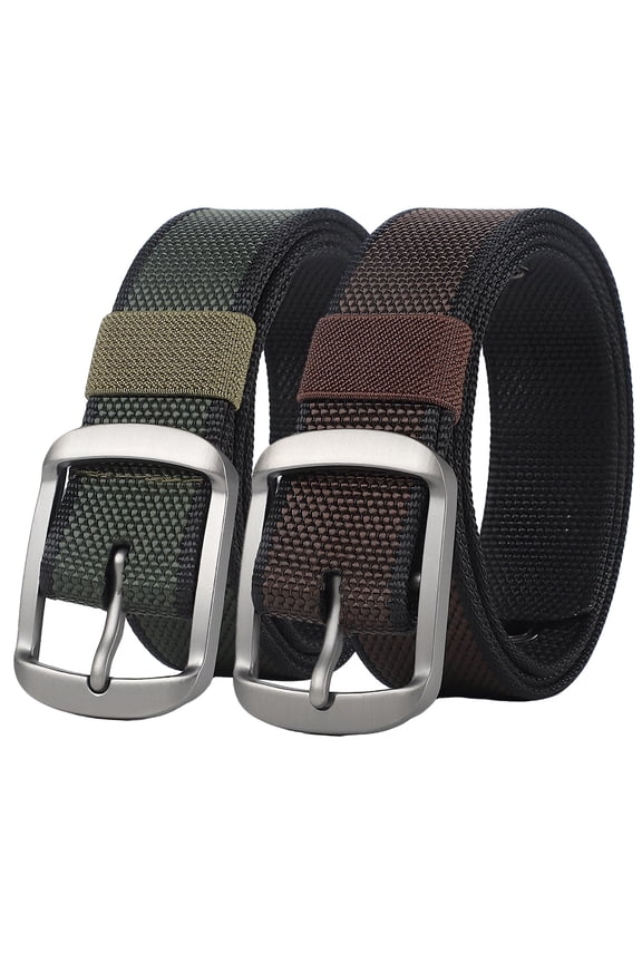 2 Men's Leather Dress Belts - Stretch Golf Belt - Woven Sport Belt, Comfortable Fit, 1 3/8 Inch Width
