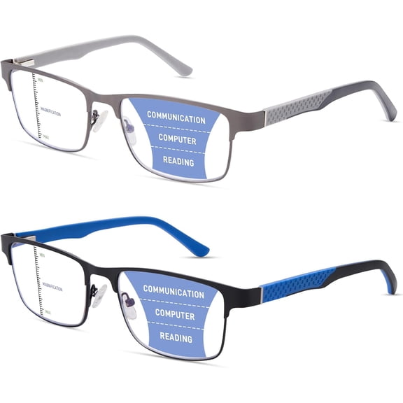 2  Men's Progressive Multifocal Reading Glasses,Rectangle  Frame with Spring Hinge  Temple Blue Light Blocking Lenses Computer Readers Anti ,2.5x