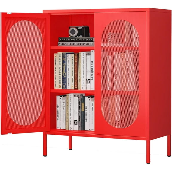 2 Mesh Door Metal Storage Cabinet for Bed Room,Living Room,Home,Hotel,Office,Garage,Kitchen,3-Tier,2 Removable Shelves. (Red)