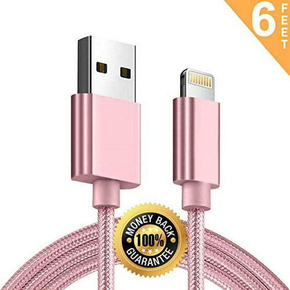 2 Meter Phone Charger Cable, 6FT Nylon Braided USB Fast Charging Cable Cord Compatible with Smart Phone X Case/8/8 Plus/7/7 Plus/6/6s Plus/5s/5,iPad Mini MAX Case - Pink Rose Gold (1-Pack)