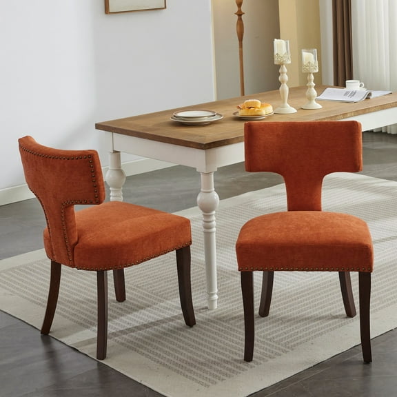 2 Mid Century Modern Dining Chairs In Orange. Linen Upholstered Accent Chair With Curved And Copper Nails. Hardwood Frame Foam Cushion Steel Spring For A Relaxing Experience. Ergonomic Design.