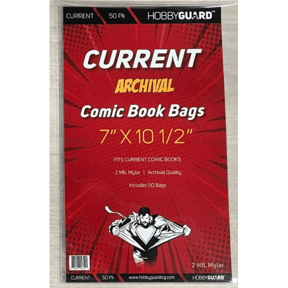2 Mil Archival Mylar Current Comic Book Bags (50 Pack) HOBBYGUARD 7" X 10-1/2"