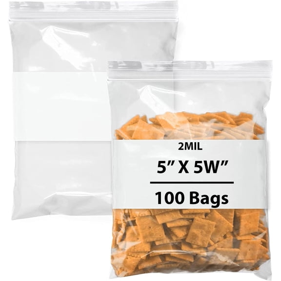 2 Mil Clear Reclosable White Block Zip Poly Bags - 5 x 5 W & (100 Bags)