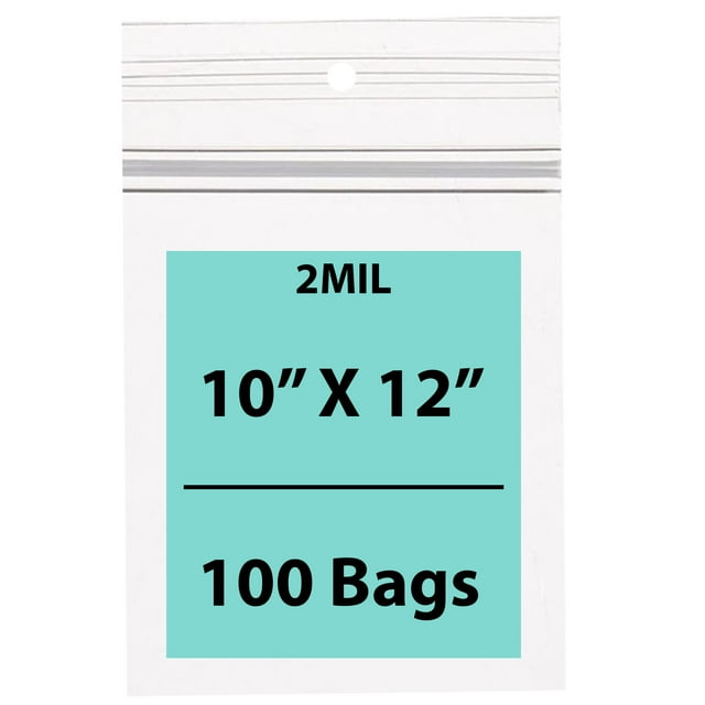 2 Mil Hang Hole Clear Plastic Polypropylene Zip Bags 10 x 12 & (100