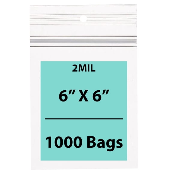 2 Mil Hang Hole Clear Plastic Polypropylene Zip Bags - 6 x 6 & (1000 Bags)
