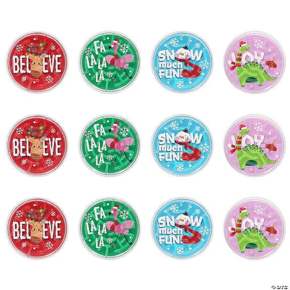 2" Mini Cozy, Merry & Bright Holiday Plastic Maze Puzzles  12 Pieces