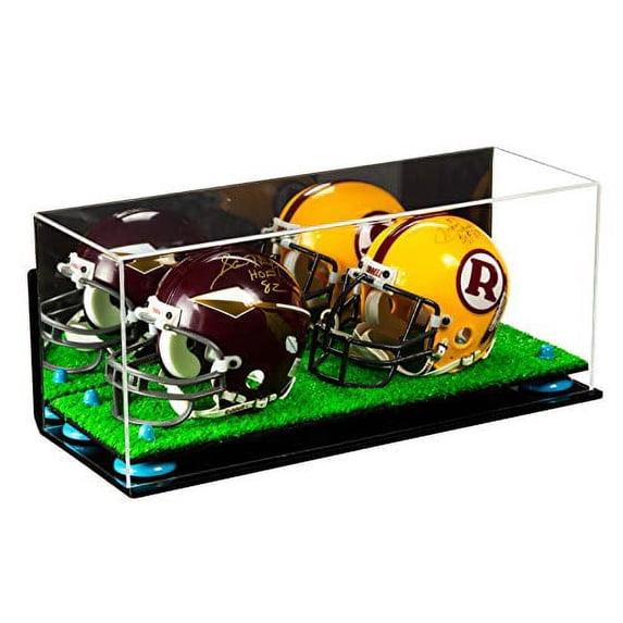 2 Mini Football Helmet Display Case (not full size) - - Clear Acrylic Plexiglass with Mirror, Wall Mount, Blue Risers and Turf Base (A019-BLR)