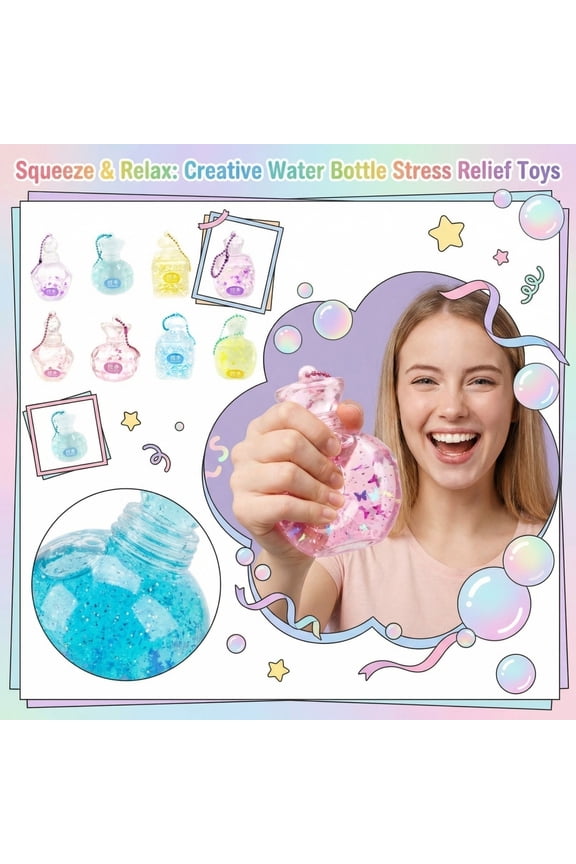 2" Mini Glitter Water Bottle Squishy Toys, Sensory Fidget Tabletop Ornament, Soft Calming Keychain Pendant, Random Single Color
