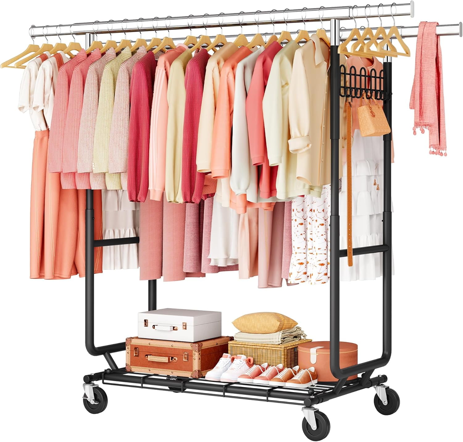 Garment Rack Extendable 2-Minute Assembly Double Rod Clothes Rack, Heavy Duty Rolling Clothing ...